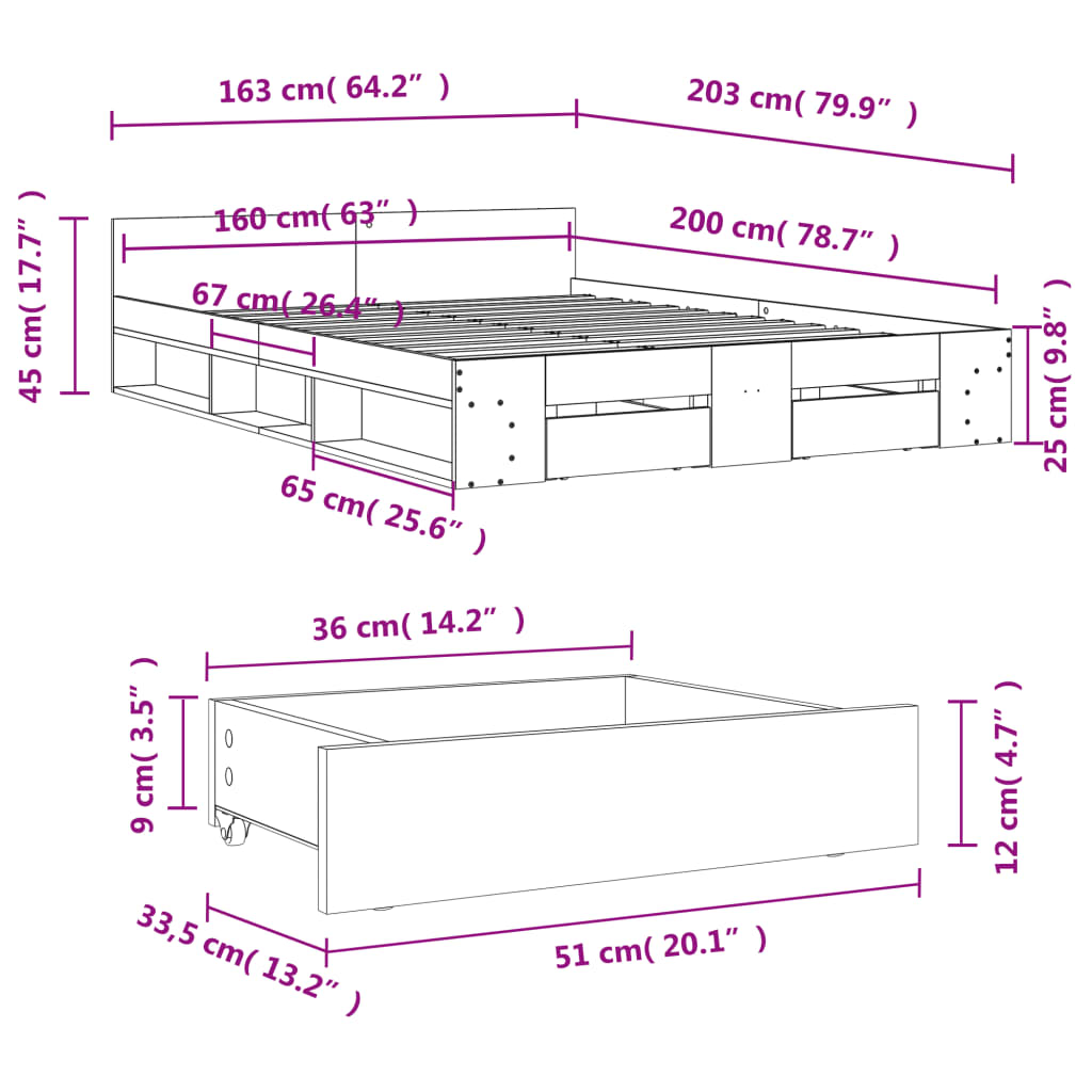 vidaXL Cama con cajones madera ingeniería gris hormigón 160x200 cm