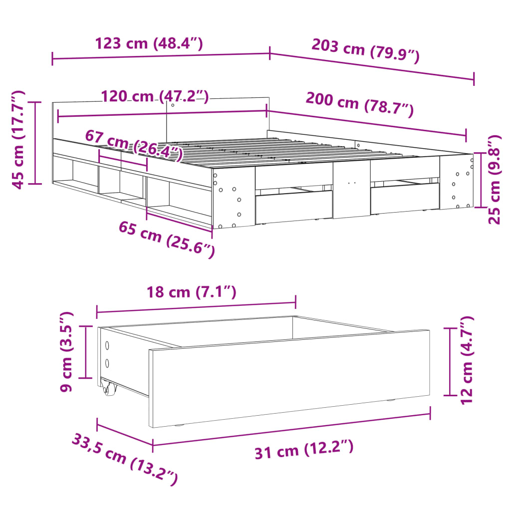 vidaXL Cama con cajones madera ingeniería roble Sonoma 120x200 cm