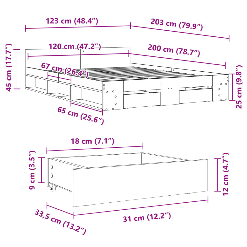 vidaXL Cama con cajones madera ingeniería gris Sonoma 120x200 cm