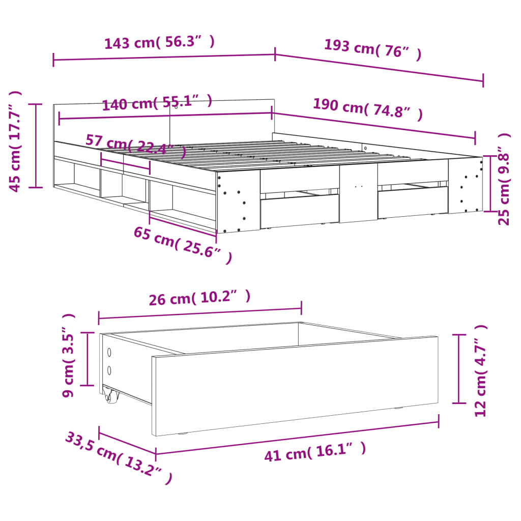 vidaXL Cama con cajones madera de ingeniería blanca 140x190 cm