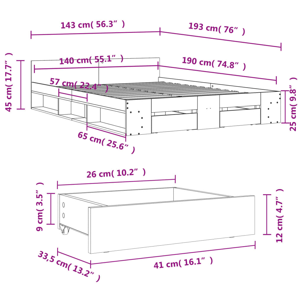 vidaXL Cama con cajones madera ingeniería gris hormigón 140x190 cm