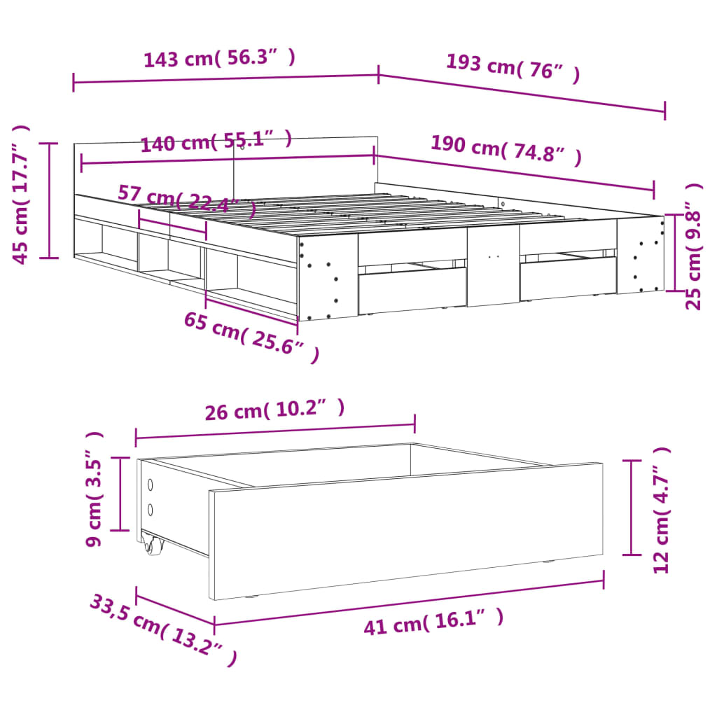 vidaXL Cama con cajones madera ingeniería gris Sonoma 140x190 cm