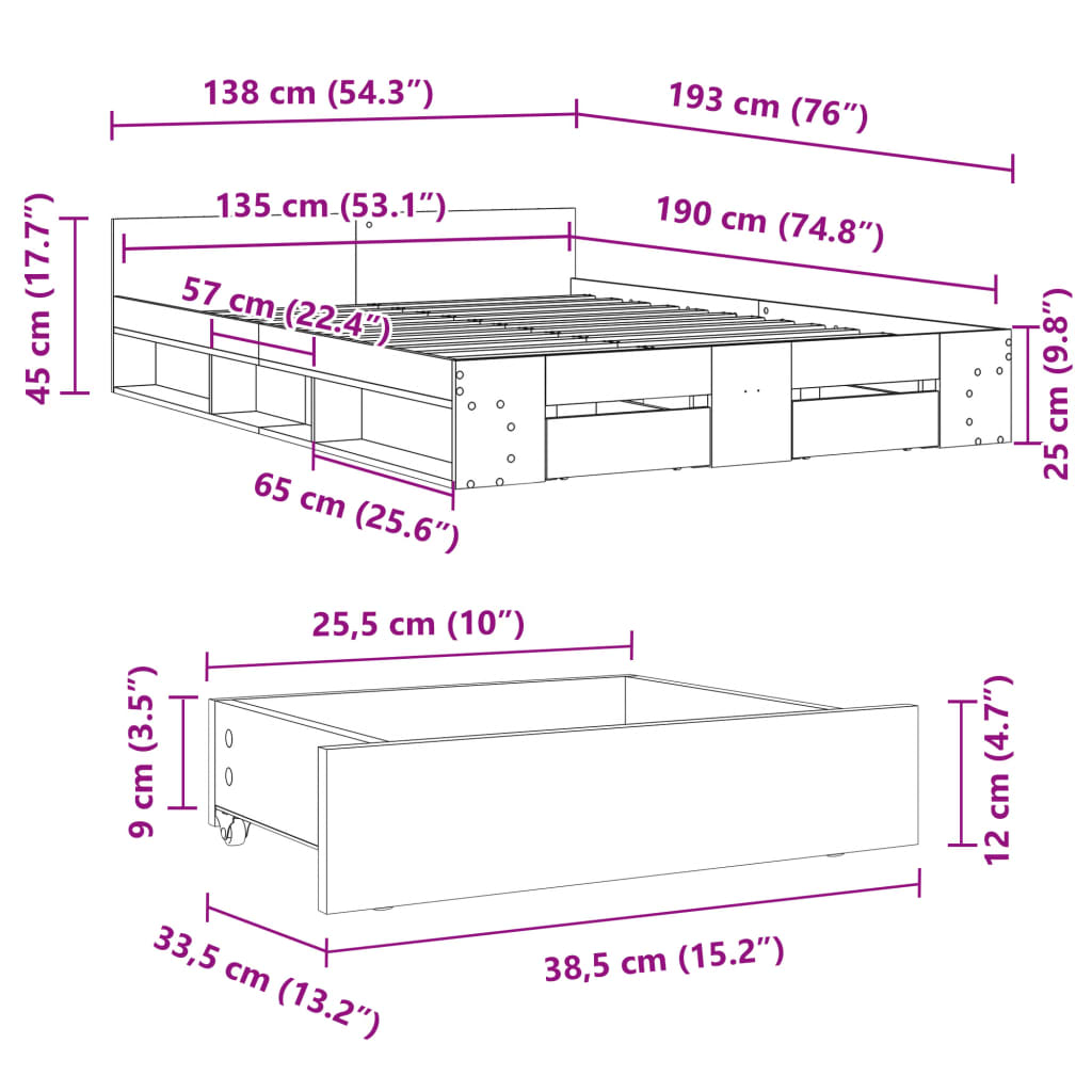 vidaXL Cama con cajones madera de ingeniería gris Sonoma 135x190 cm