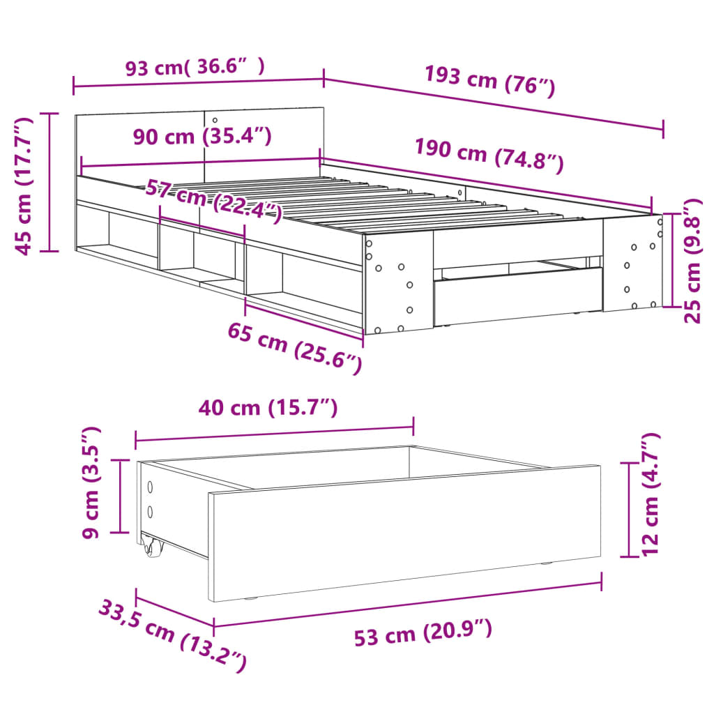 vidaXL Cama con cajón madera de ingeniería blanca 90x190 cm