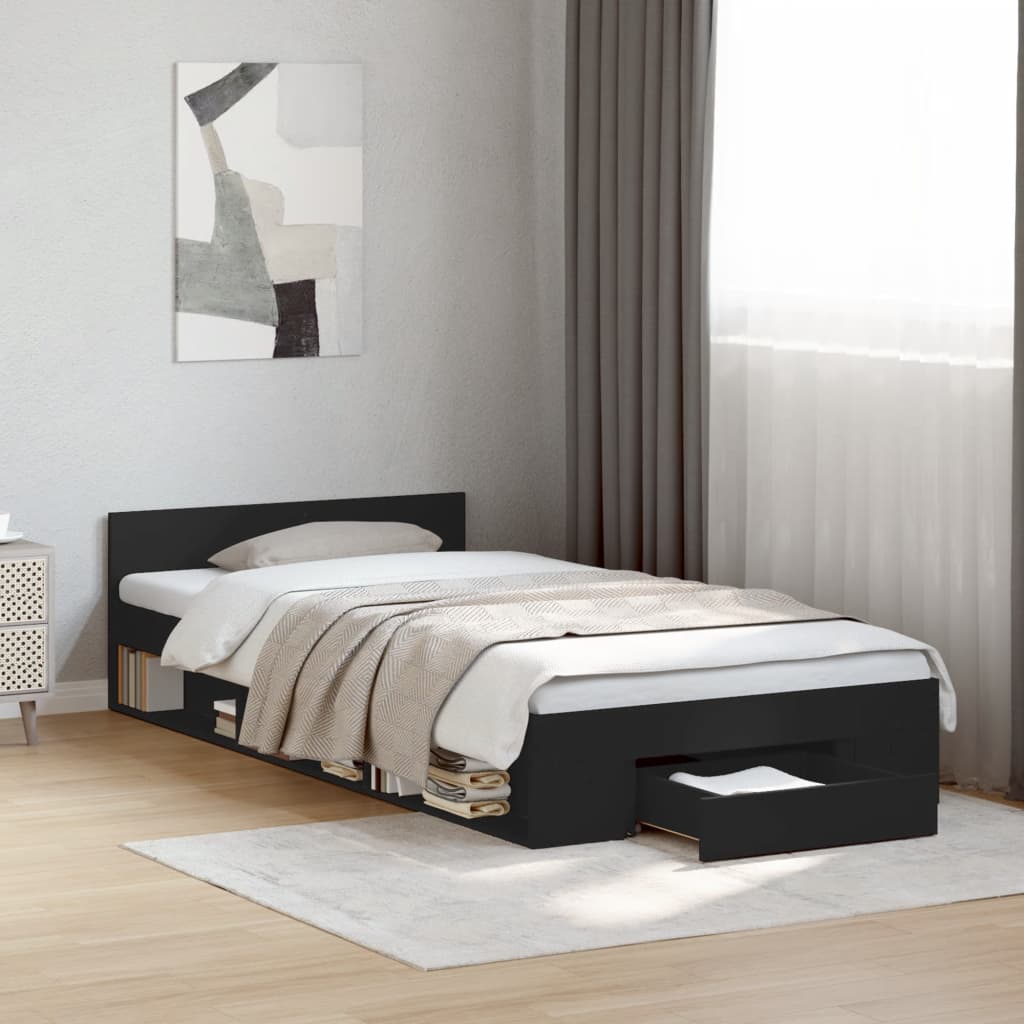 vidaXL Cama con cajón madera de ingeniería negro 90x190 cm