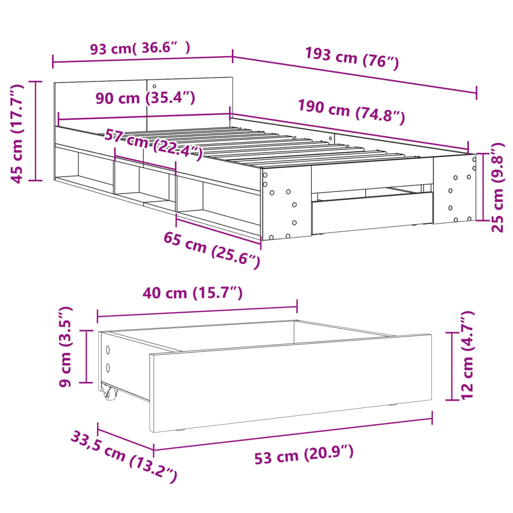 vidaXL Cama con cajón madera de ingeniería negro 90x190 cm