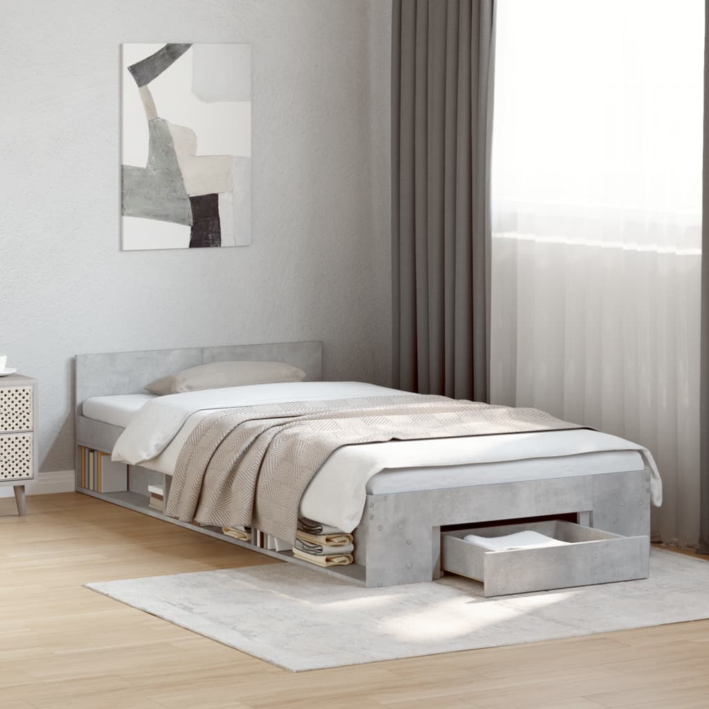 vidaXL Cama con cajón madera de ingeniería gris hormigón 90x190 cm