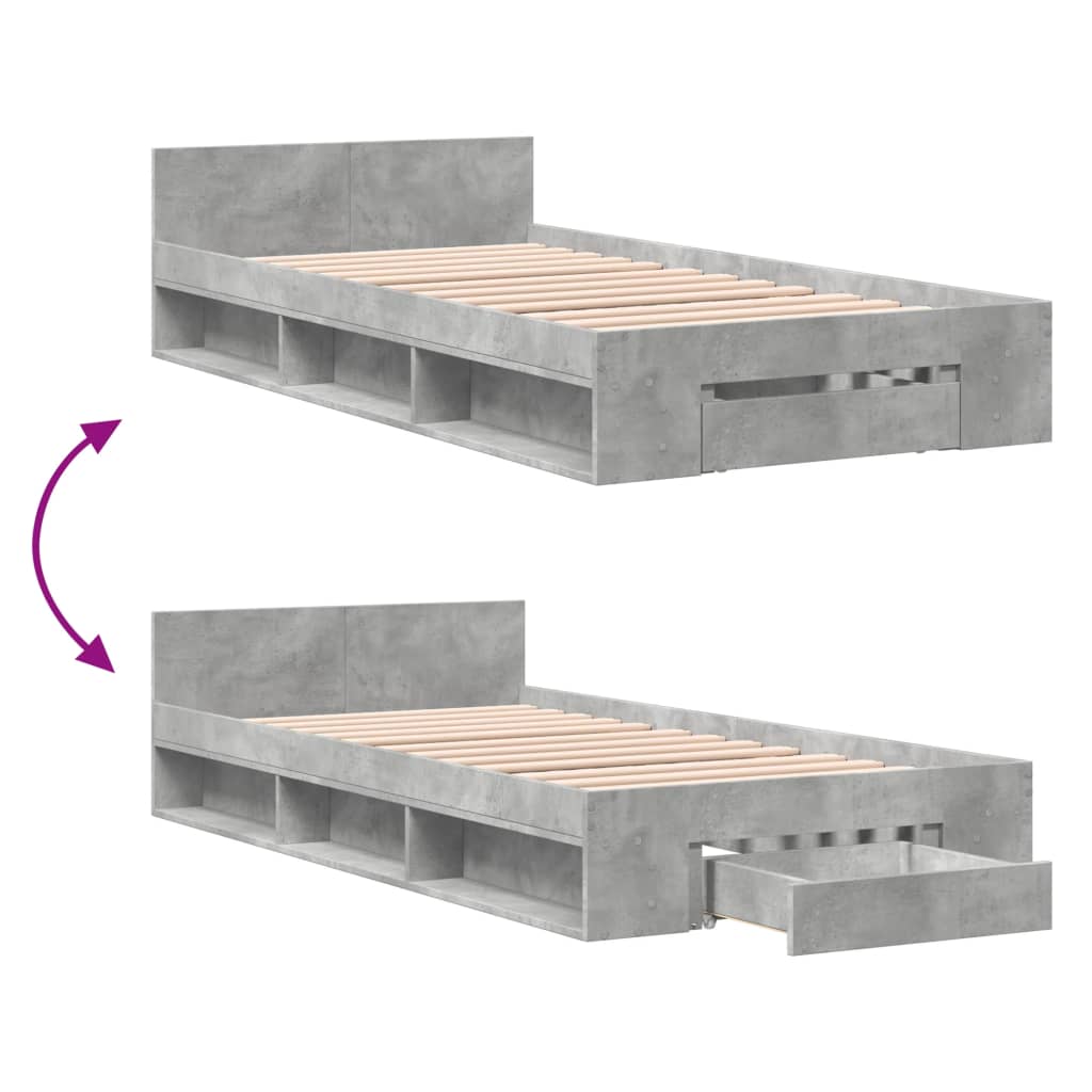 vidaXL Cama con cajón madera de ingeniería gris hormigón 90x190 cm