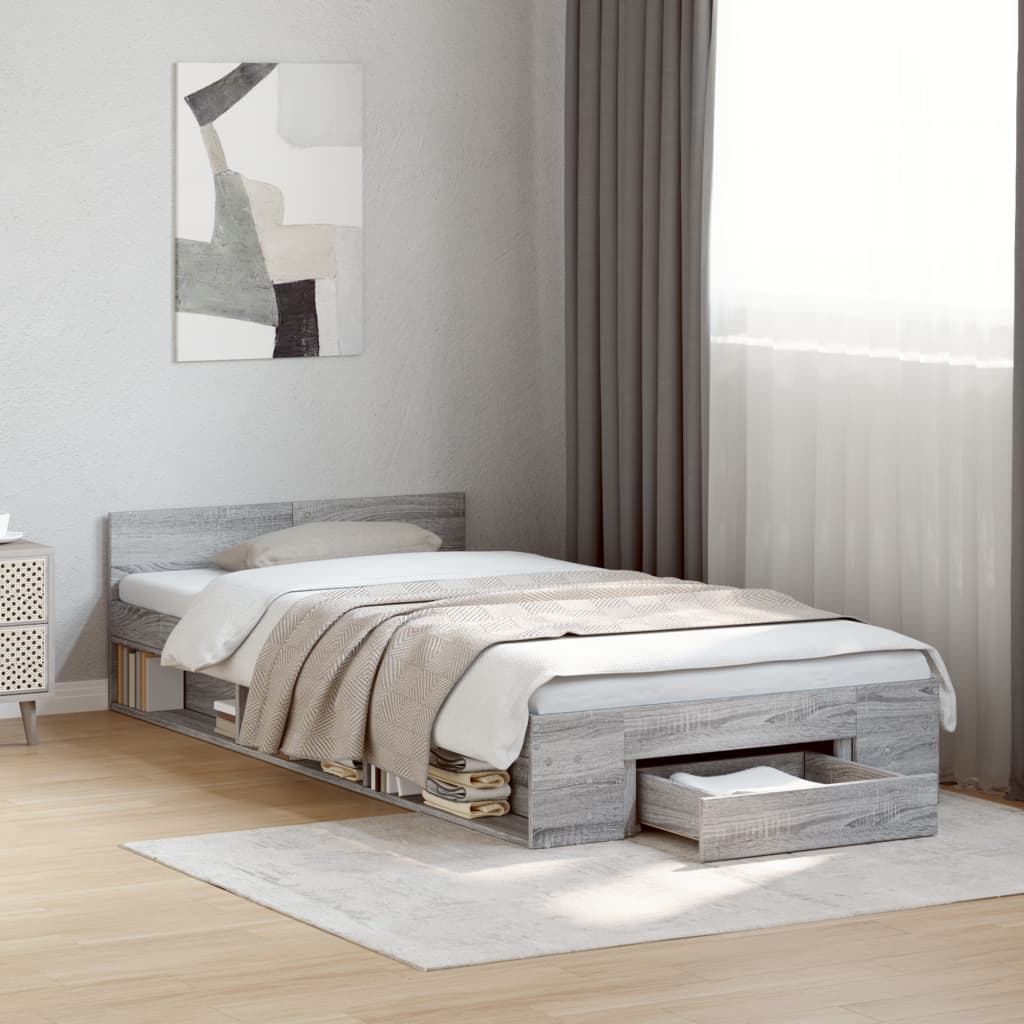 vidaXL Cama con cajón madera de ingeniería gris Sonoma 90x190 cm