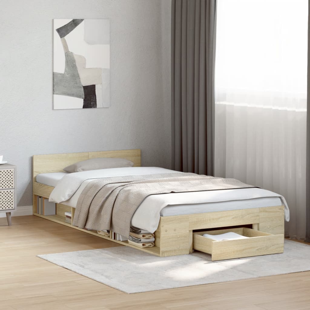 vidaXL Cama con cajón madera ingeniería roble Sonoma 100x200 cm