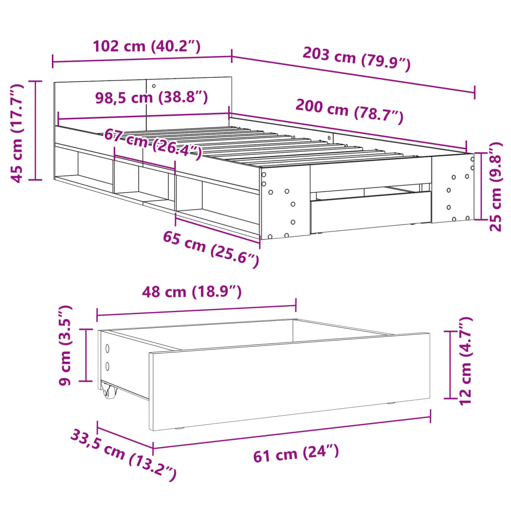 vidaXL Cama con cajón madera ingeniería gris Sonoma 100x200 cm