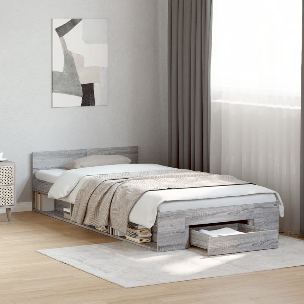 vidaXL Cama con cajón madera de ingeniería gris Sonoma 90x200 cm