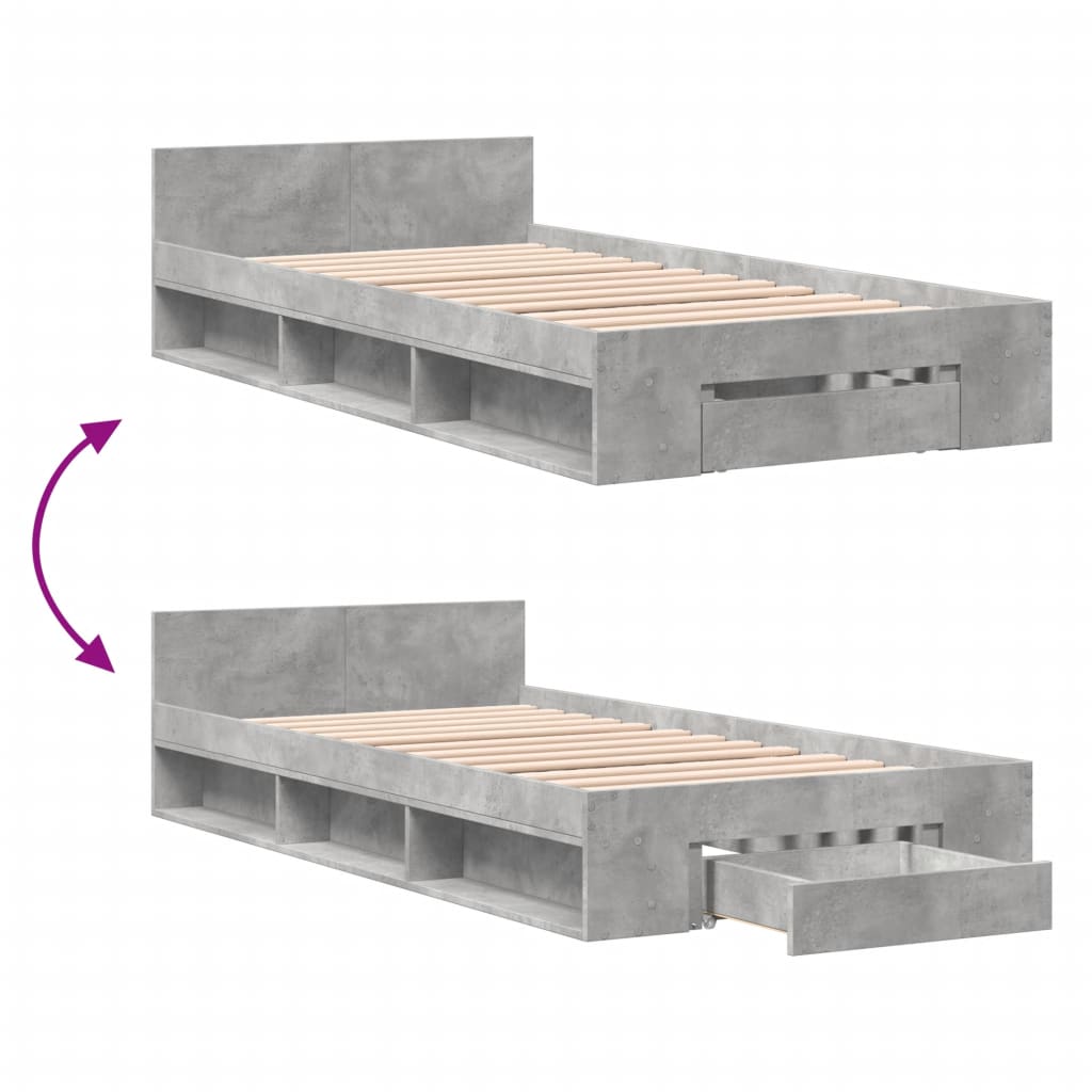 vidaXL Cama con cajón madera de ingeniería gris hormigón 75x190 cm