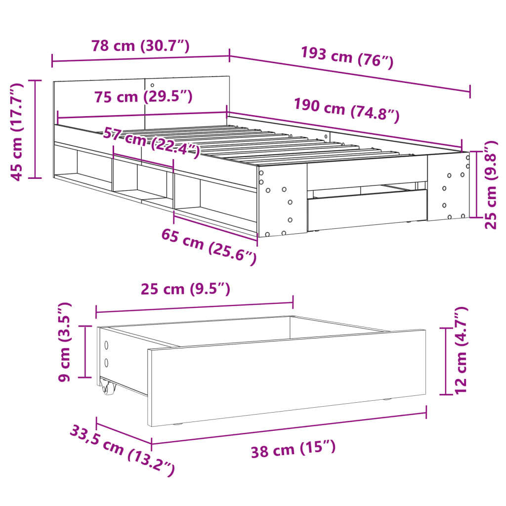 vidaXL Cama con cajón madera de ingeniería gris hormigón 75x190 cm