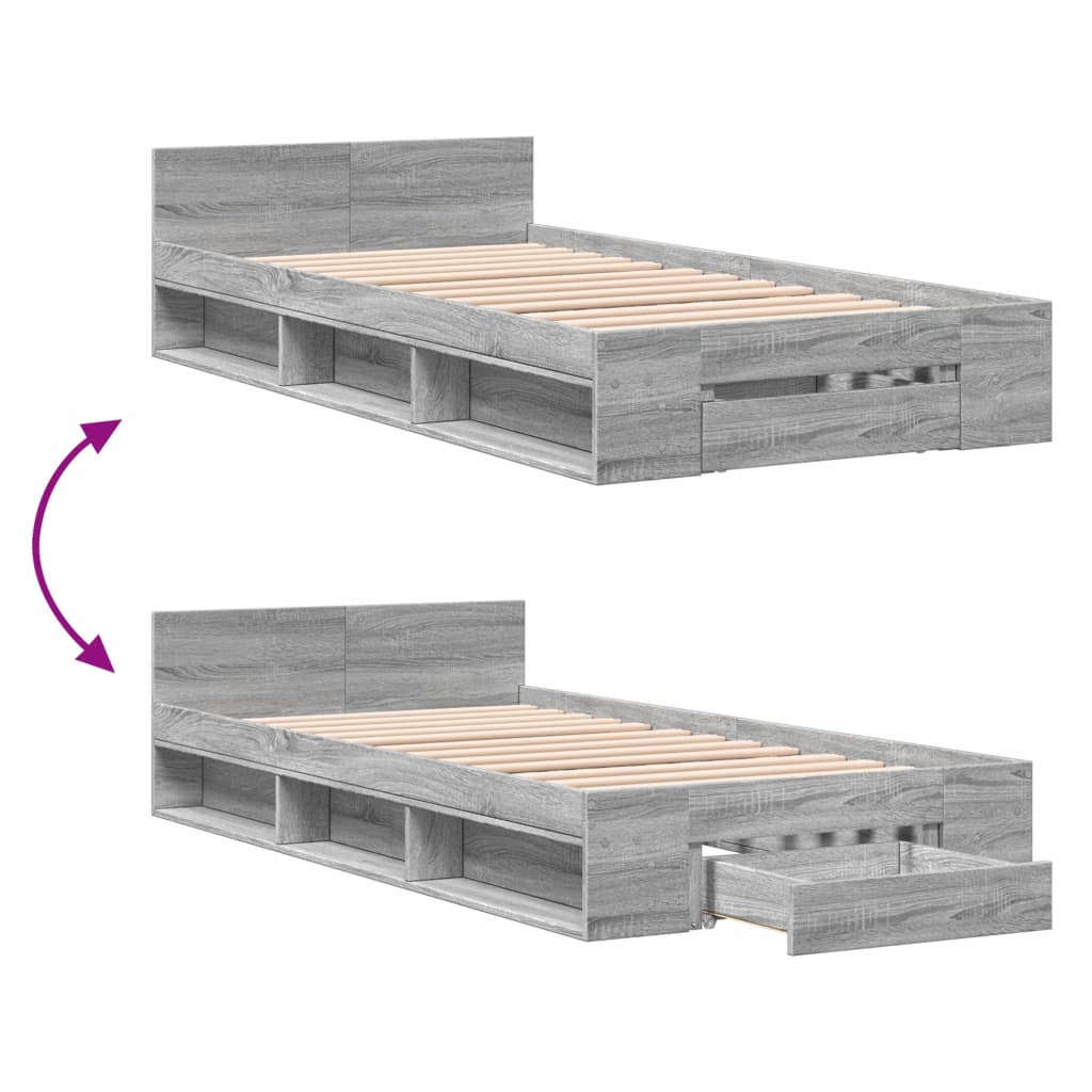 vidaXL Cama con cajón madera de ingeniería gris Sonoma 75x190 cm