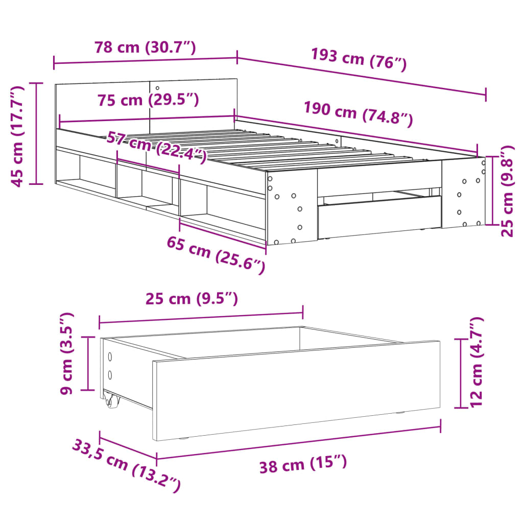 vidaXL Cama con cajón madera de ingeniería gris Sonoma 75x190 cm