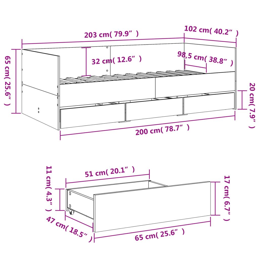 vidaXL Sofá cama con cajones sin colchón roble Sonoma 100x200 cm