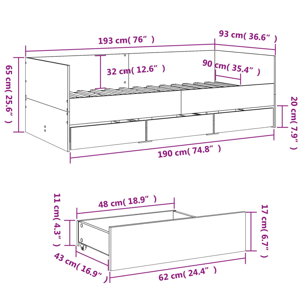 vidaXL Sofá cama con cajones sin colchón roble Sonoma 90x190 cm