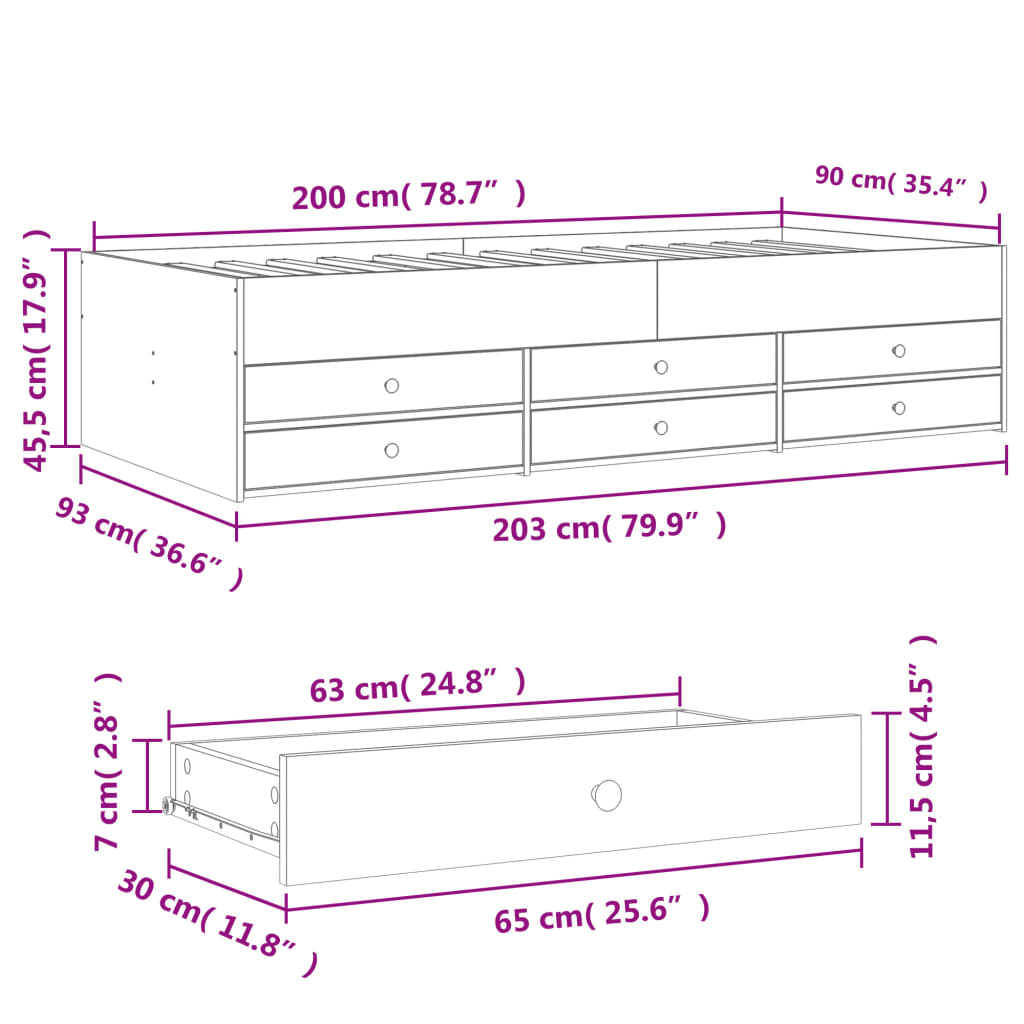 vidaXL Sofá cama con cajones sin colchón roble ahumado 90x200 cm