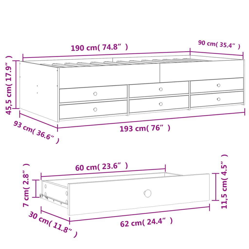 vidaXL Sofá cama con cajones sin colchón roble marrón 90x190 cm