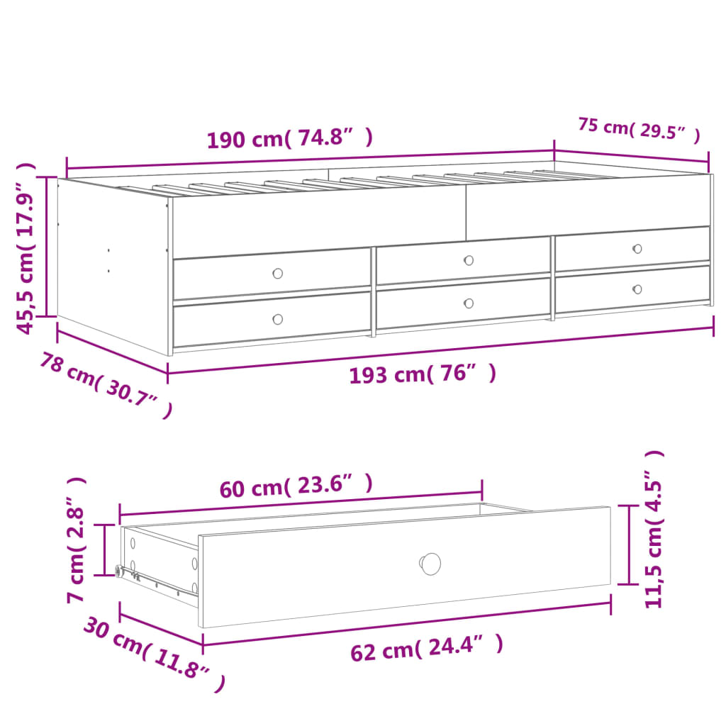 vidaXL Sofá cama con cajones sin colchón roble Sonoma 75x190 cm