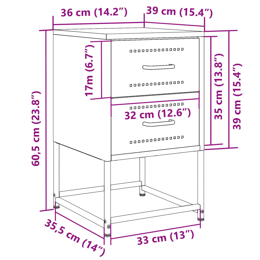 vidaXL Mesitas de noche 2 uds acero negra 36x39x60,5 cm