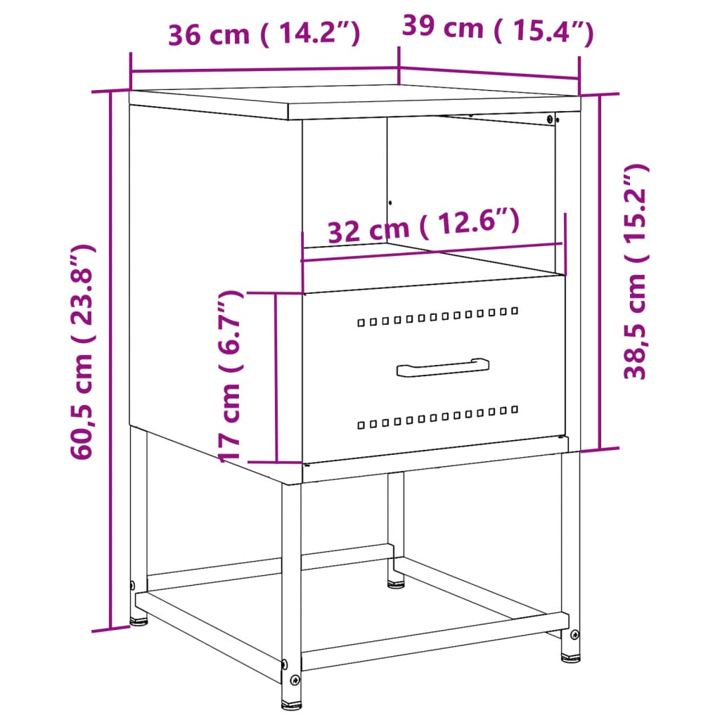 vidaXL Mesitas de noche 2 uds acero negra 36x39x60,5 cm