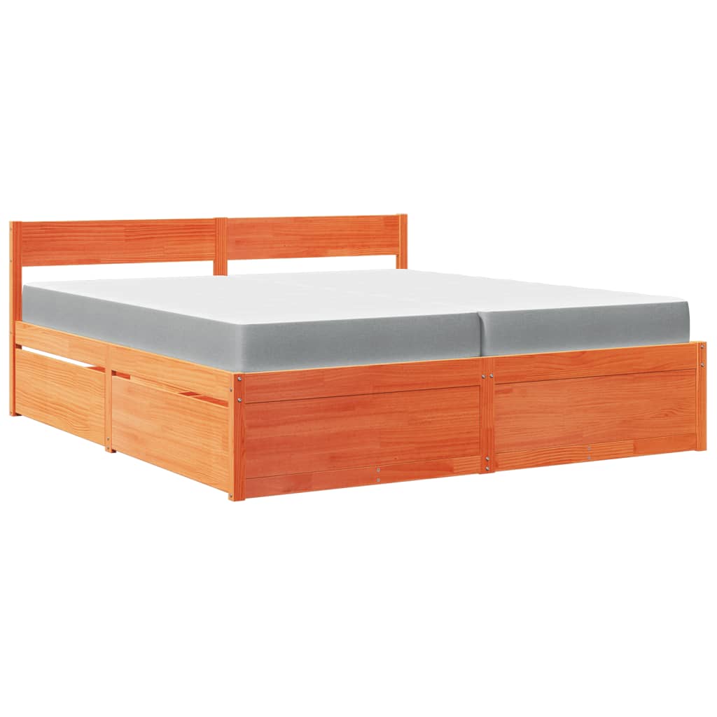 vidaXL Cama con cajones y colchón madera maciza pino marrón 200x200 cm