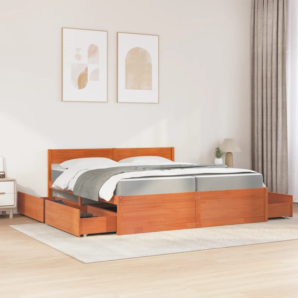 vidaXL Cama con cajones y colchón madera maciza pino marrón 200x200 cm