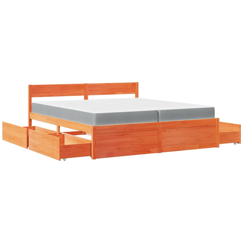 vidaXL Cama con cajones y colchón madera maciza pino marrón 200x200 cm