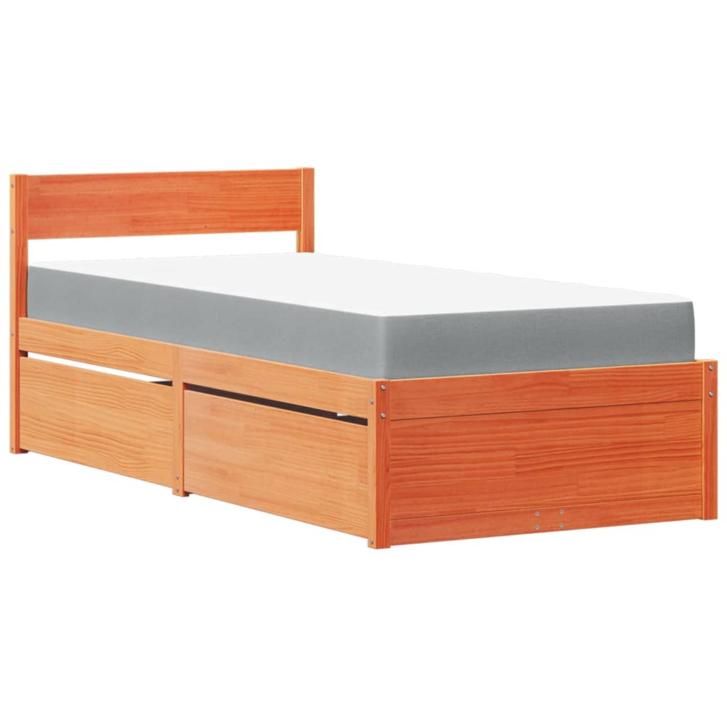 vidaXL Cama con cajones y colchón madera maciza pino marrón 100x200 cm