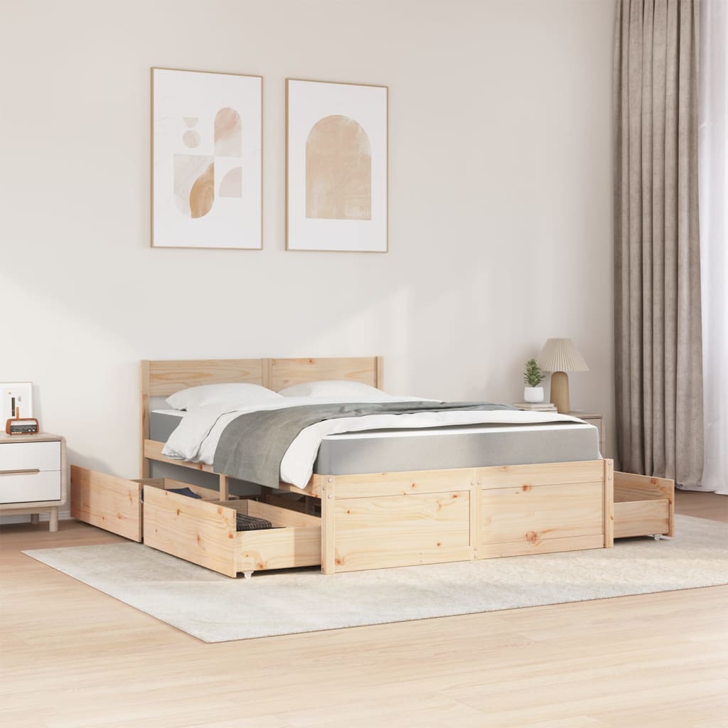 vidaXL Cama con cajones y colchón madera maciza de pino 140x190 cm