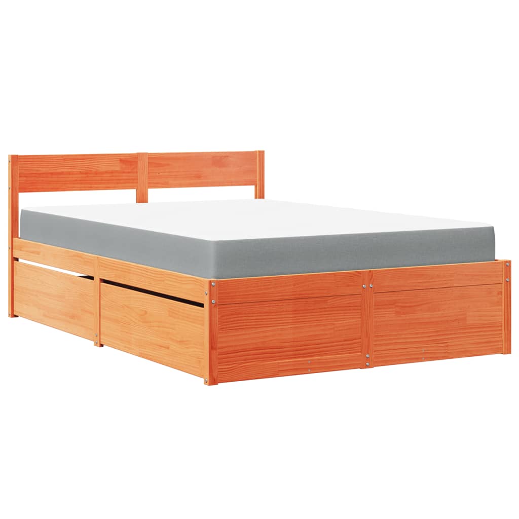 vidaXL Cama con cajones y colchón madera pino marrón cera 140x190 cm