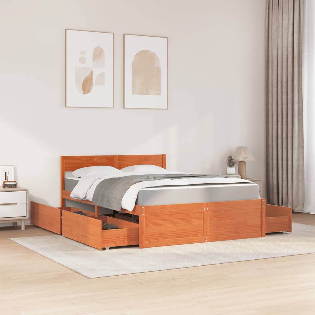 vidaXL Cama con cajones y colchón madera pino marrón cera 140x190 cm