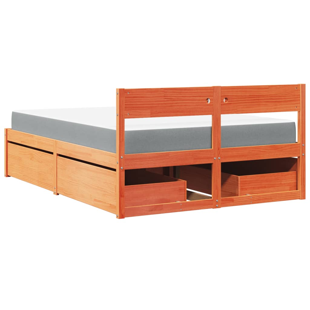 vidaXL Cama con cajones y colchón madera pino marrón cera 140x190 cm