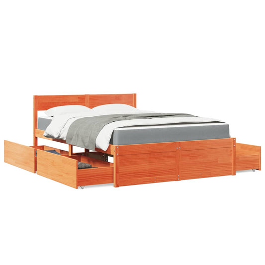 vidaXL Cama con cajones y colchón madera pino marrón cera 140x190 cm