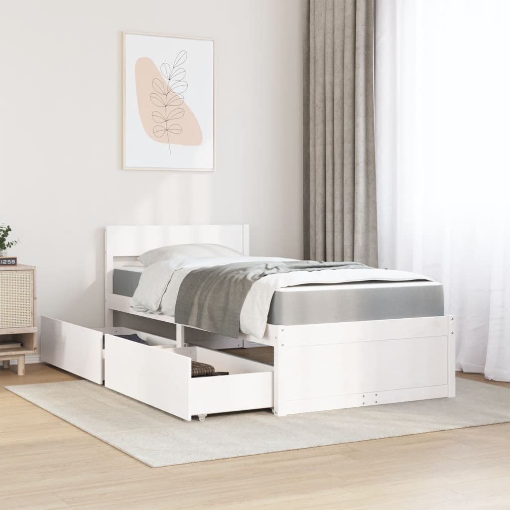 vidaXL Cama con cajones y colchón madera maciza pino blanco 90x190 cm