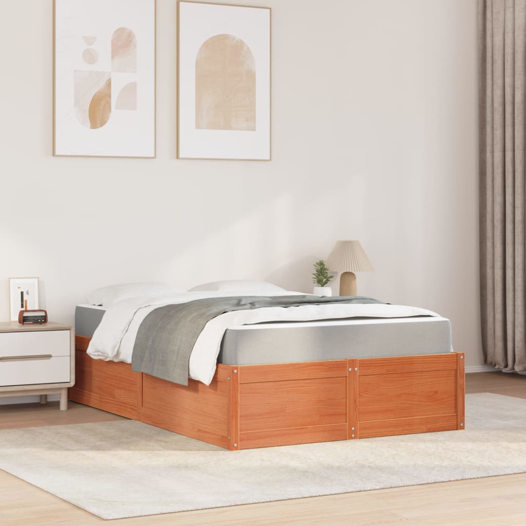 vidaXL Cama con colchón madera maciza de pino marrón cera 140x190 cm