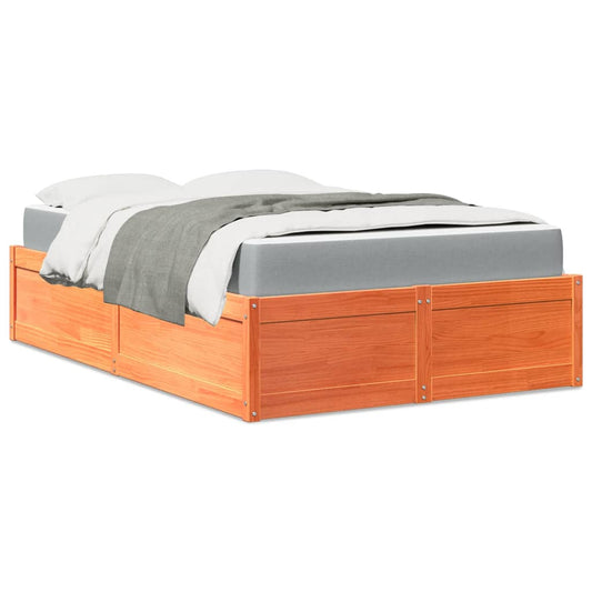 vidaXL Cama con colchón madera maciza de pino marrón cera 140x190 cm