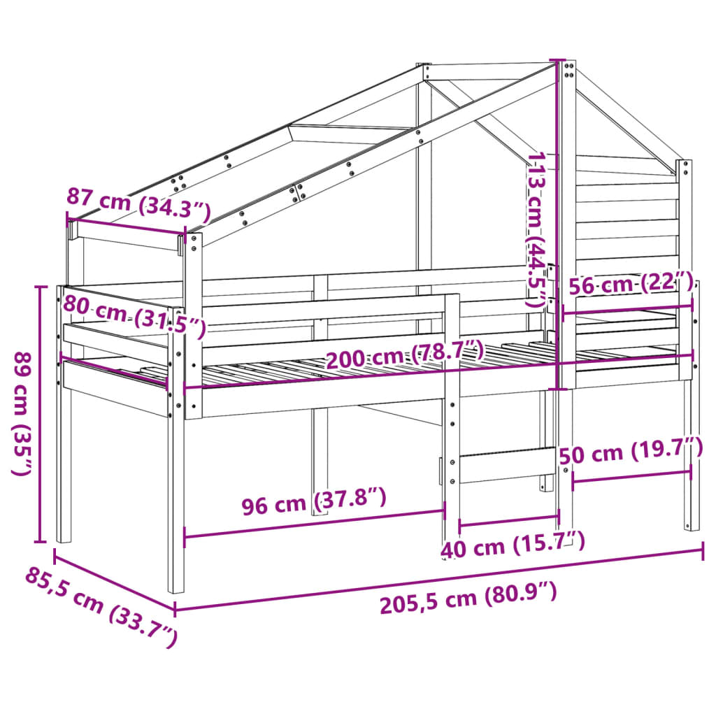 vidaXL Cama alta con techo madera maciza de pino 80x200 cm