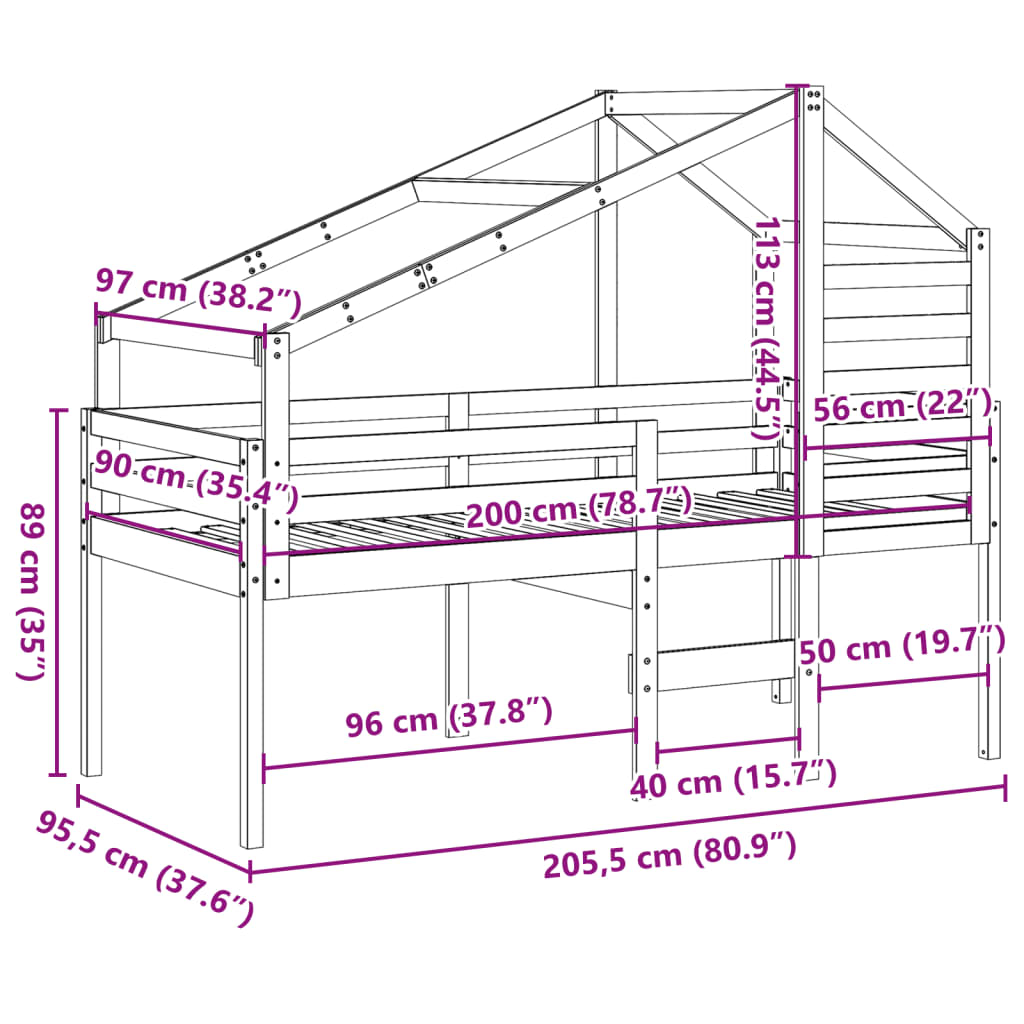 vidaXL Cama alta con escalera y techo madera maciza de pino 90x200 cm