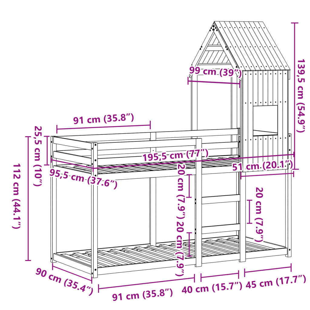 vidaXL Cama litera sin colchón madera maciza de pino 90x190 cm