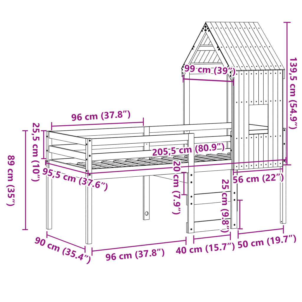 vidaXL Cama alta con techo madera maciza de pino 90x200 cm