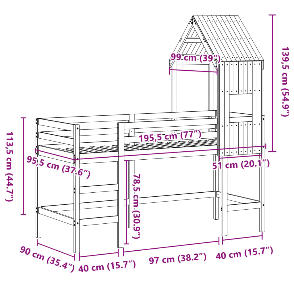 vidaXL Cama alta con escalera y techo madera maciza de pino 90x190 cm