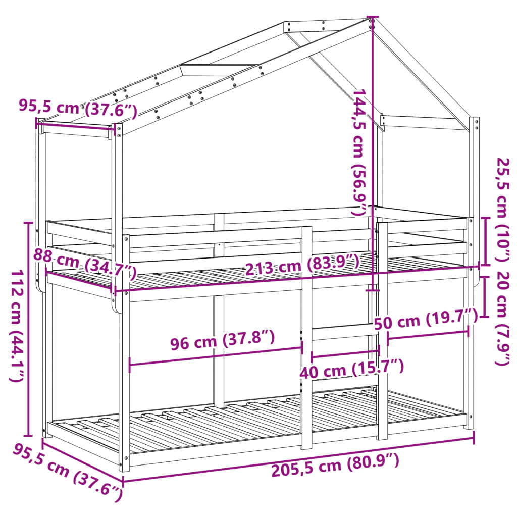 vidaXL Cama litera sin colchón madera maciza de pino 90x200 cm