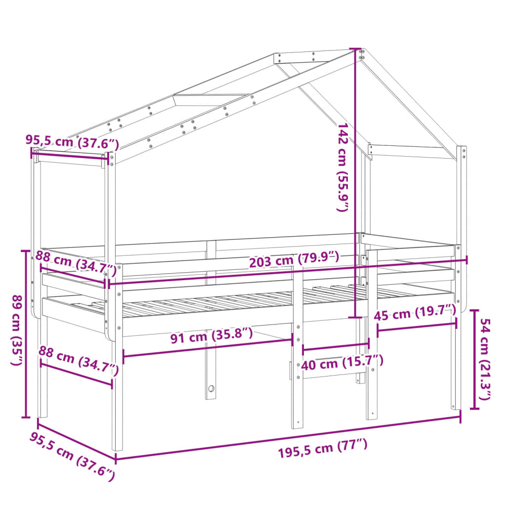 vidaXL Cama alta con techo madera maciza de pino 90x190 cm