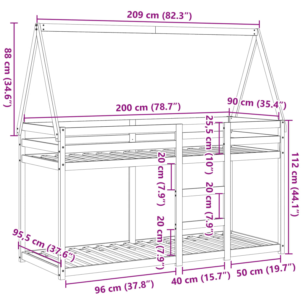 vidaXL Cama litera sin colchón madera maciza de pino 90x200 cm