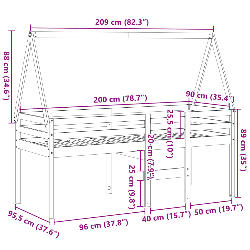 vidaXL Cama alta con techo blanca madera maciza pino blanca 90x200 cm