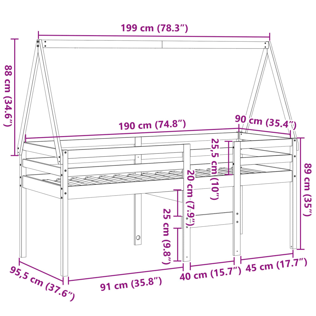 vidaXL Cama alta con techo madera maciza de pino 90x190 cm