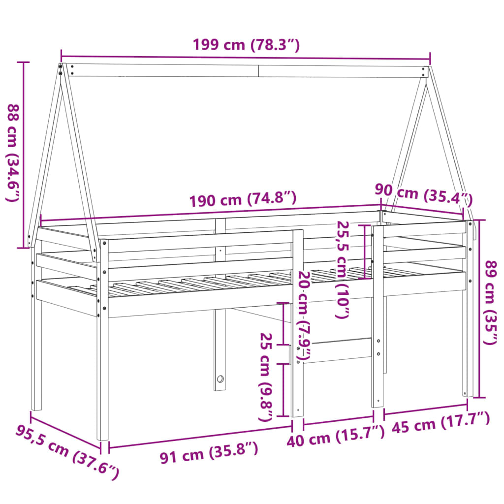 vidaXL Cama alta con techo madera maciza de pino marrón cera 90x190 cm